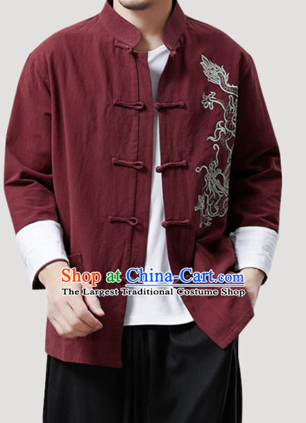 Chinese Traditional Costume Tang Suit Red Linen Shirts National Mandarin Outer Garment for Men