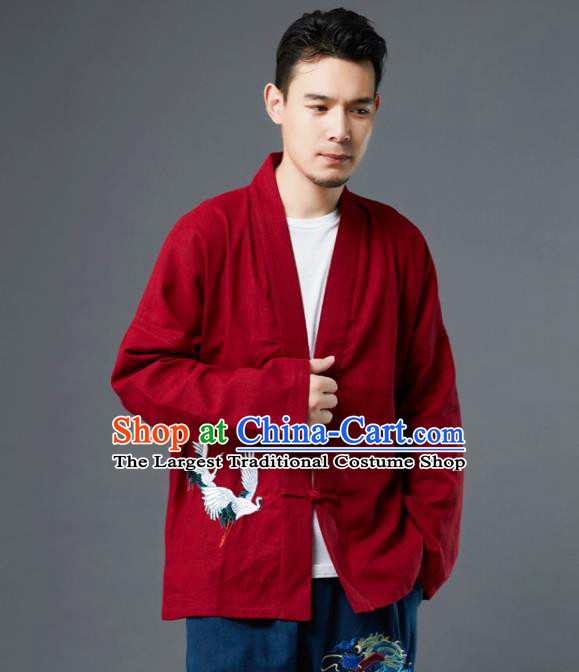 Chinese Traditional Costume Tang Suit Embroidered Cranes Red Shirts National Mandarin Jacket for Men