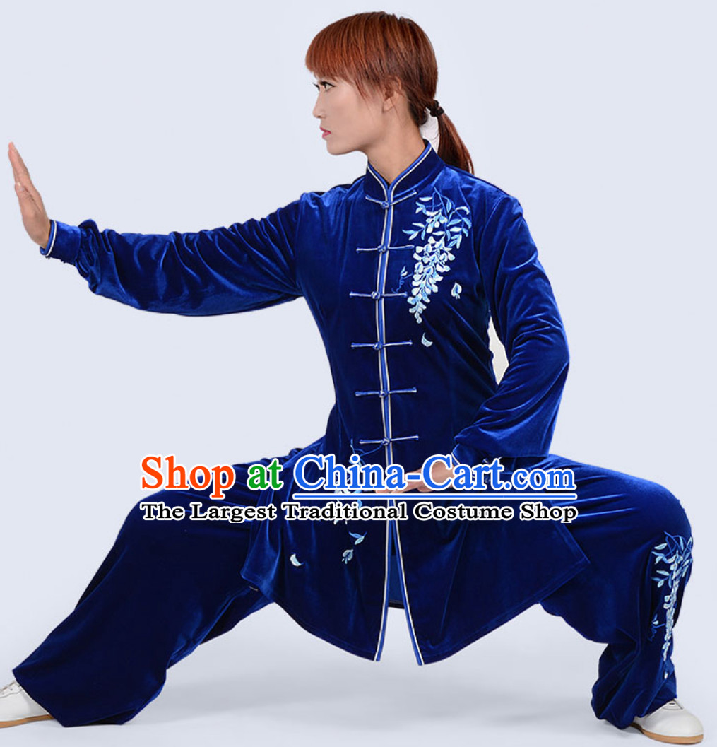 Deep Blue Top Winter Wear Velvet Asian Embroidered Tai Chi Clothing Martial Arts Dresses Complete Set for Women