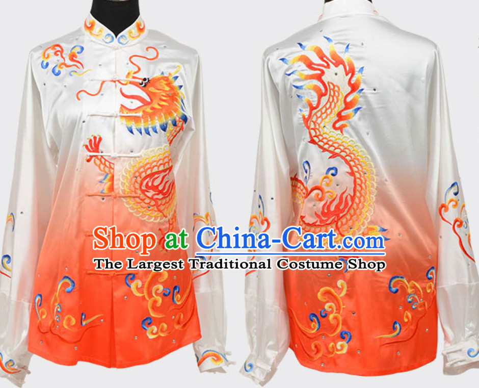 Color Transition Top Chinese Embroidered Dragon Taiji Outfits Martial Arts Uniforms Complete Set for Men or Women