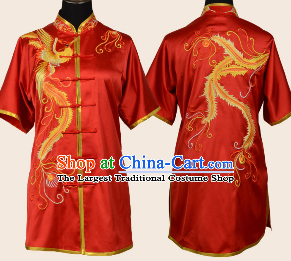 Top Red Chinese Embroidered Phoenix Gong Fu Blouse Pants Outfits Martial Arts Suit Complete Set for Men or Women