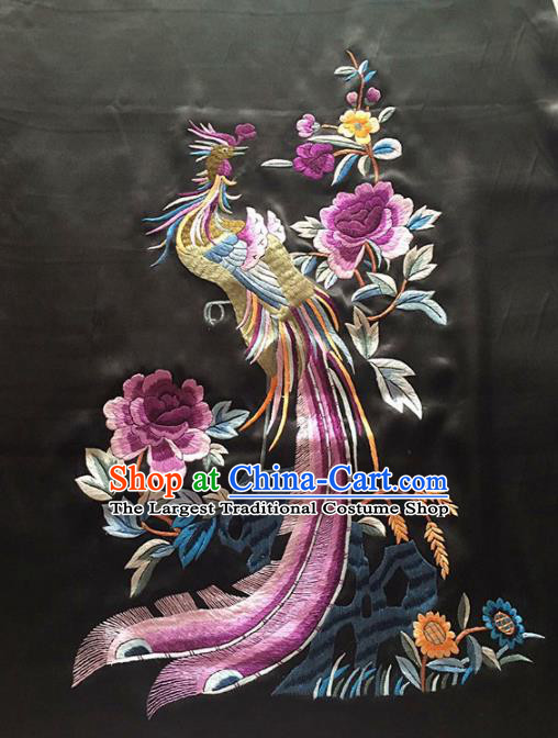Chinese Traditional Embroidered Phoenix Peony Black Silk Patches Handmade Embroidery Craft Cloth Fabric
