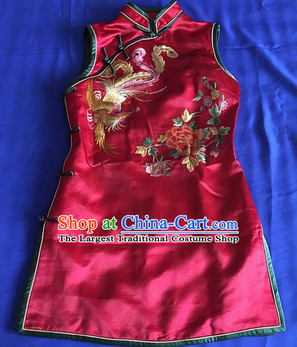 Chinese Traditional Silk Costume Tang Suit Embroidered Phoenix Peony Red Silk Qipao Dress for Women