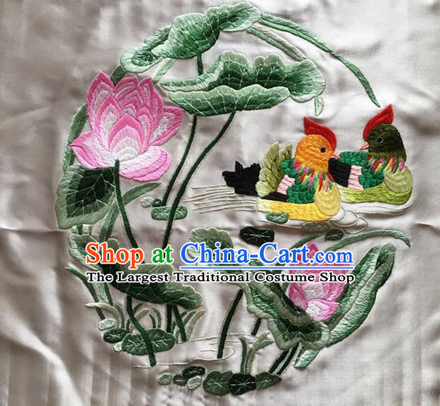 Asian Chinese Traditional Embroidered Mandarin Duck Lotus White Silk Patches Handmade Embroidery Craft