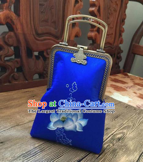 Chinese Traditional Embroidered Lotus Royalblue Handbag Handmade Embroidery Craft Silk Bags