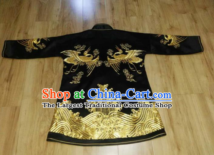 Chinese Traditional Silk Costume Tang Suit Embroidered Crane Black Silk Shirt for Men