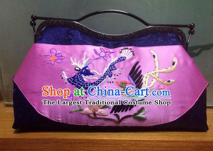 Chinese Traditional Embroidered Dragon Phoenix Pink Handbag Handmade Embroidery Craft Silk Bags