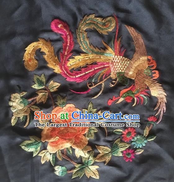 Asian Chinese Traditional Embroidered Phoenix Peony Black Silk Patches Handmade Embroidery Craft