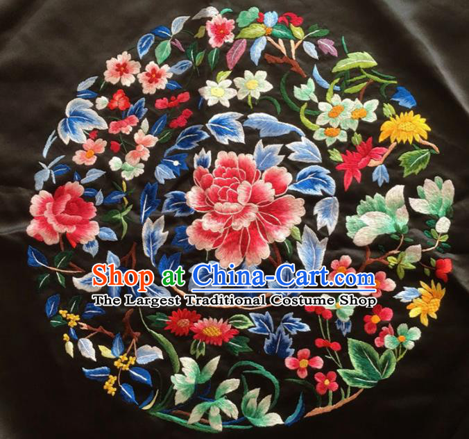 Asian Chinese Traditional Embroidered Peony Black Silk Patches Handmade Embroidery Craft