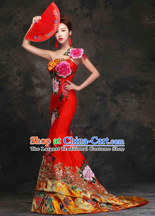 Chinese Traditional Costumes Elegant Embroidered Red Cheongsam Trailing Full Dress for Women