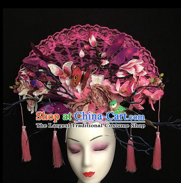 Top Halloween Hair Accessories Chinese Traditional Catwalks Pink Lace Butterfly Headdress for Women