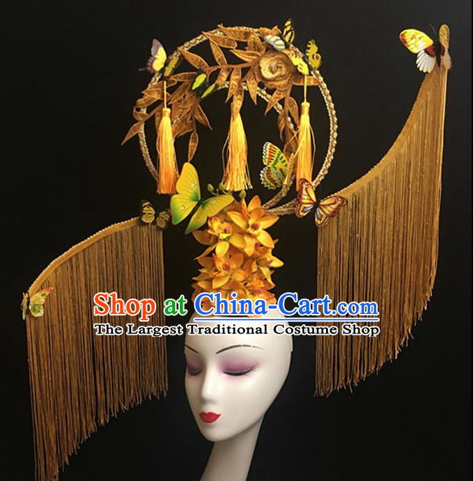 Top Halloween Yellow Tassel Hair Accessories Chinese Traditional Catwalks Giant Headpiece for Women