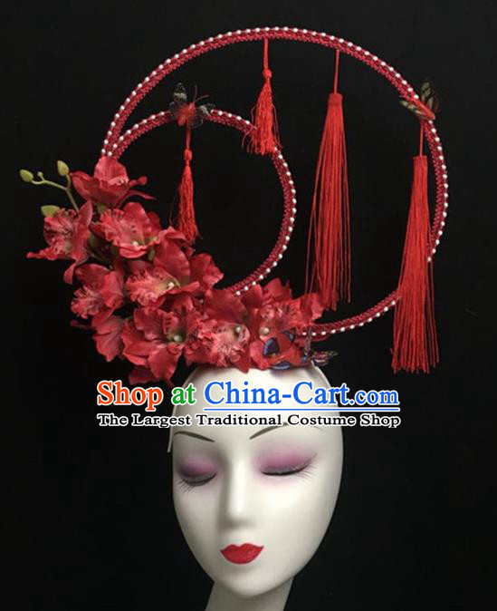 Top Halloween Red Flowers Tassel Hair Accessories Chinese Traditional Catwalks Giant Headpiece for Women