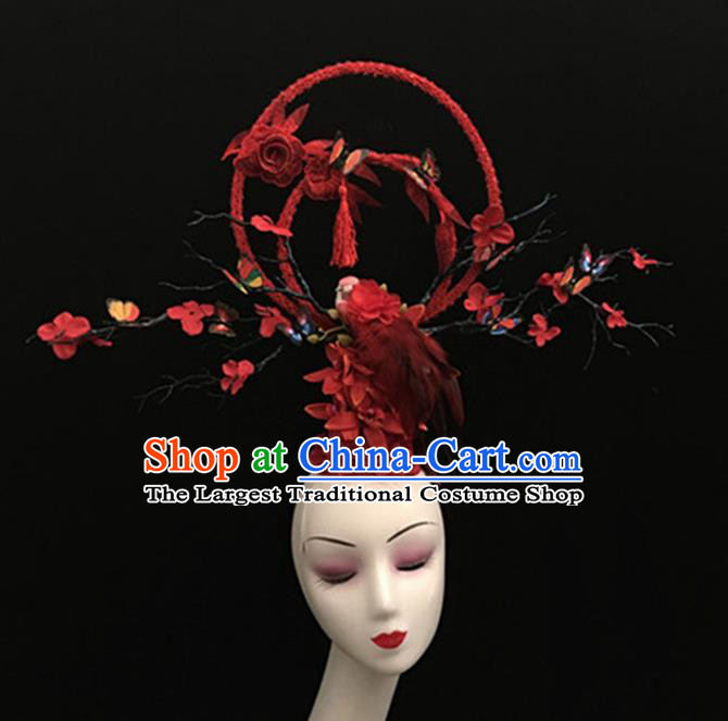 Top Halloween Giant Hair Accessories Chinese Traditional Catwalks Red Bird Headpiece for Women