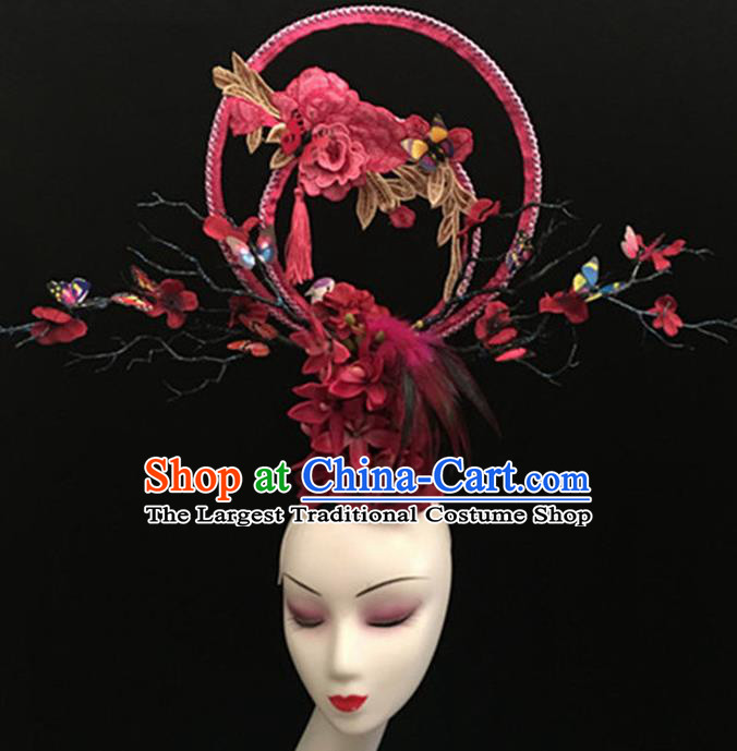 Top Halloween Giant Hair Accessories Chinese Traditional Catwalks Rosy Peony Headpiece for Women