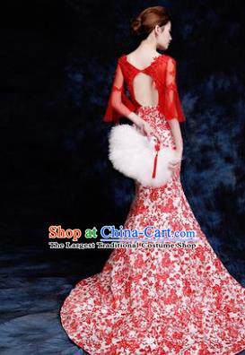 Chinese Traditional Costumes Elegant Red Lace Full Dress Compere Qipao Dress for Women
