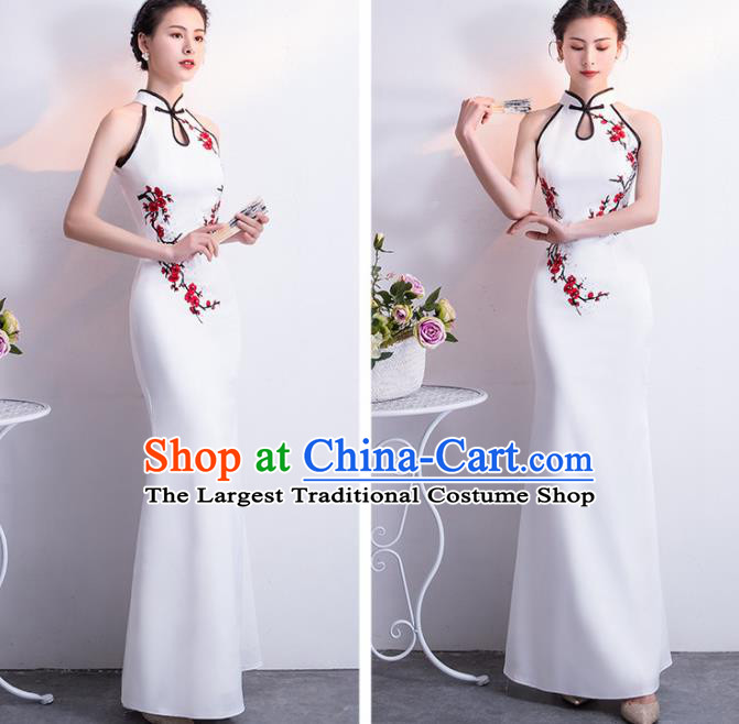 Chinese Traditional White Cheongsam Qipao Dress Elegant Compere Full Dress for Women