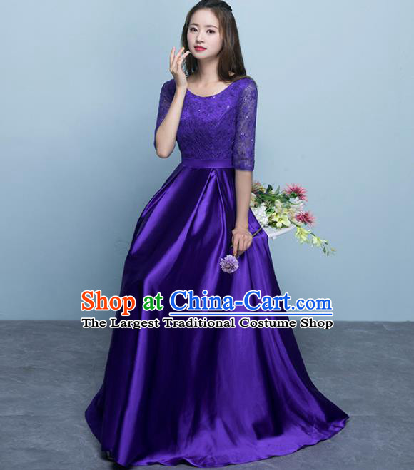 Top Grade Stage Performance Compere Purple Formal Dress Chorus Elegant Lace Full Dress for Women