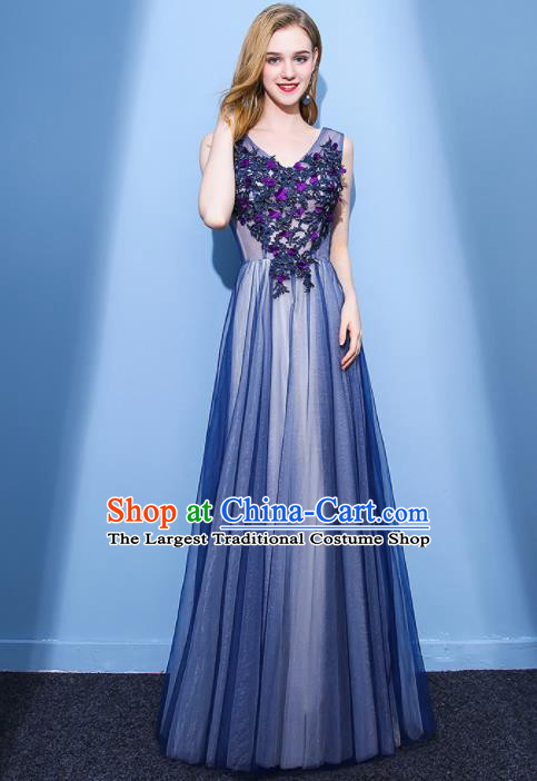 Top Grade Stage Performance Compere Formal Dress Chorus Elegant Blue Veil Full Dress for Women