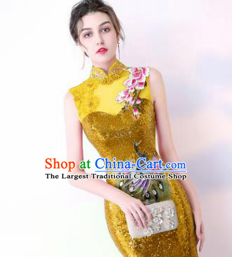Chinese Traditional Golden Cheongsam Elegant Embroidered Qipao Dress Compere Full Dress for Women