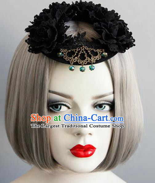 Top Grade Gothic Queen Black Top Hat Halloween Cosplay Fancy Ball Handmade Hair Accessories for Women