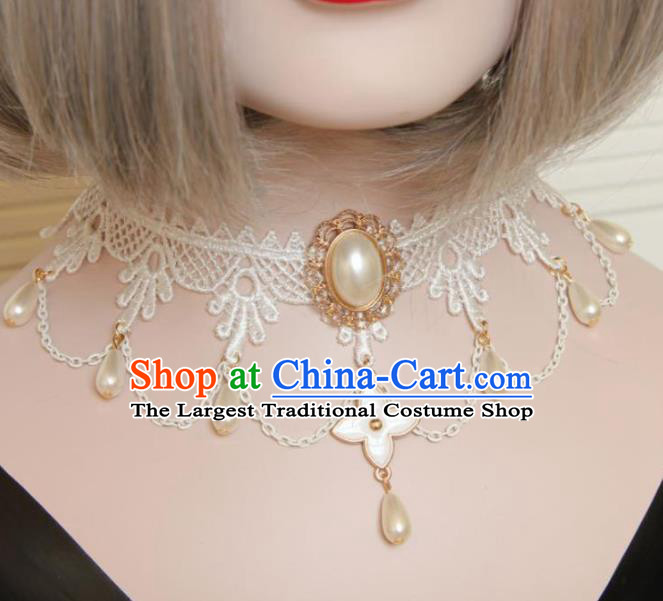 Handmade Halloween Cosplay Gothic Princess White Lace Necklace Fancy Ball Pearls Necklet Accessories for Women