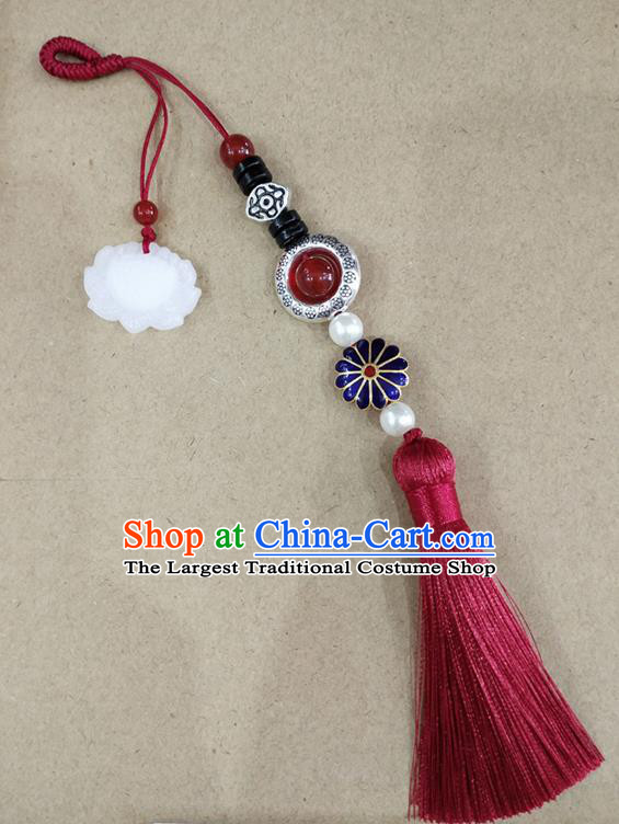 Chinese Traditional Hanfu Wine Red Tassel Lotus Brooch Pendant Ancient Cheongsam Breastpin Accessories for Women