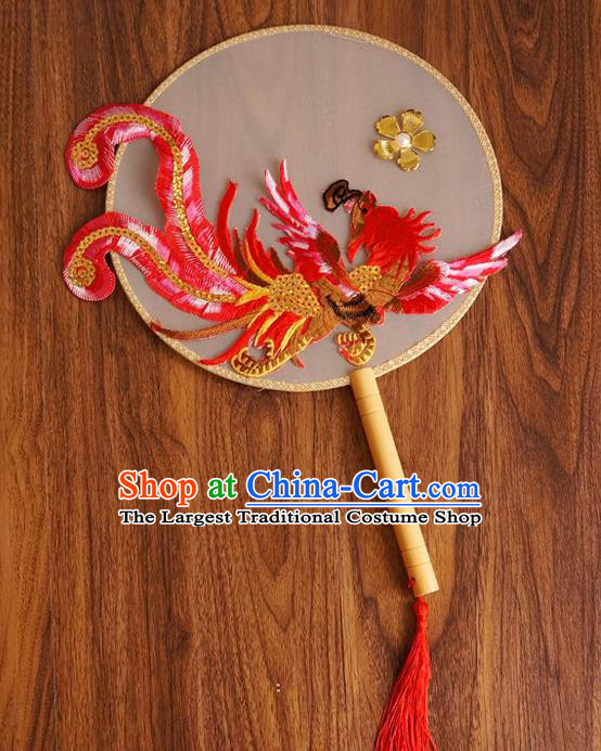 Chinese Traditional Hanfu Handmade Red Phoenix Palace Fans Ancient Princess Silk Round Fan for Women