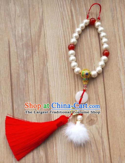 Chinese Traditional Hanfu Red Tassel Pearls Brooch Pendant Ancient Cheongsam Breastpin Accessories for Women