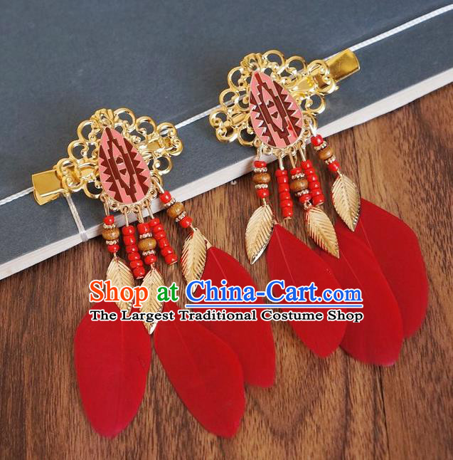 Chinese Ancient Princess Red Feather Hair Claws Hairpins Traditional Hanfu Court Hair Accessories for Women