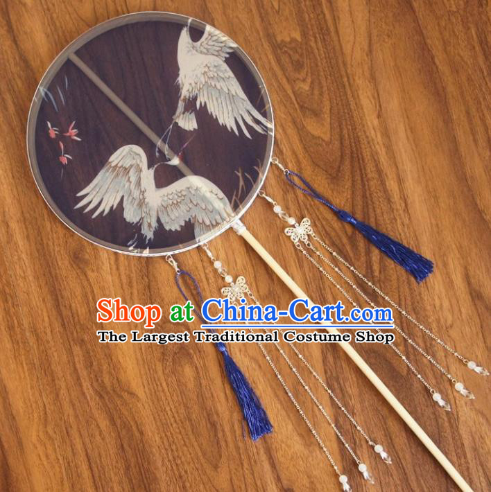 Chinese Traditional Hanfu Blue Tassel Palace Fans Ancient Princess Silk Round Fan for Women