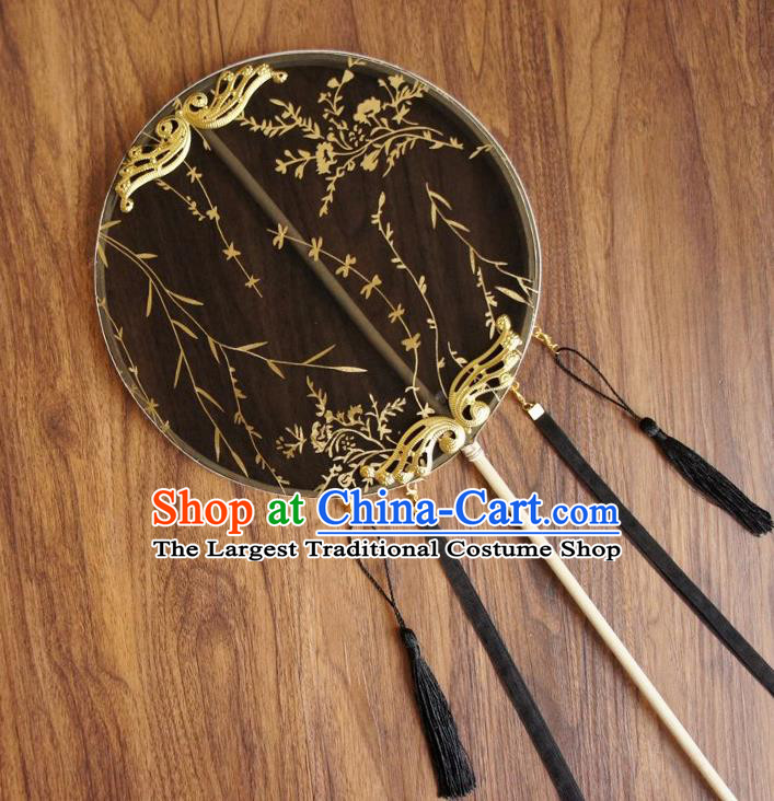 Chinese Traditional Hanfu Ribbon Tassel Black Palace Fans Ancient Princess Silk Round Fan for Women