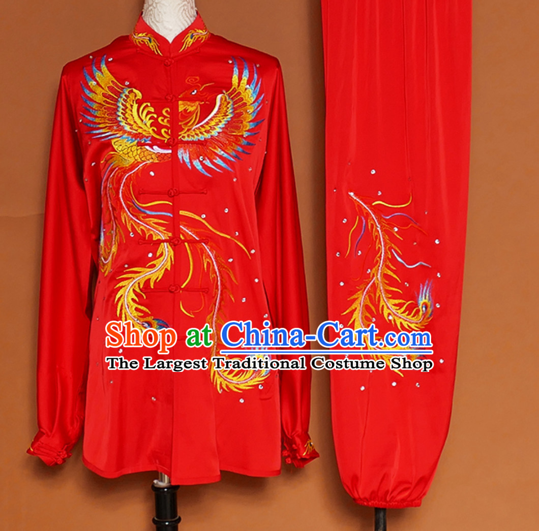 Lucky Red Giant Phoenix Embroidered Long Sleeves Martial Arts Clothing Kung Fu Dress Wushu Suits Stage Performance Championship Competition Dresses Full Set for Girls Women