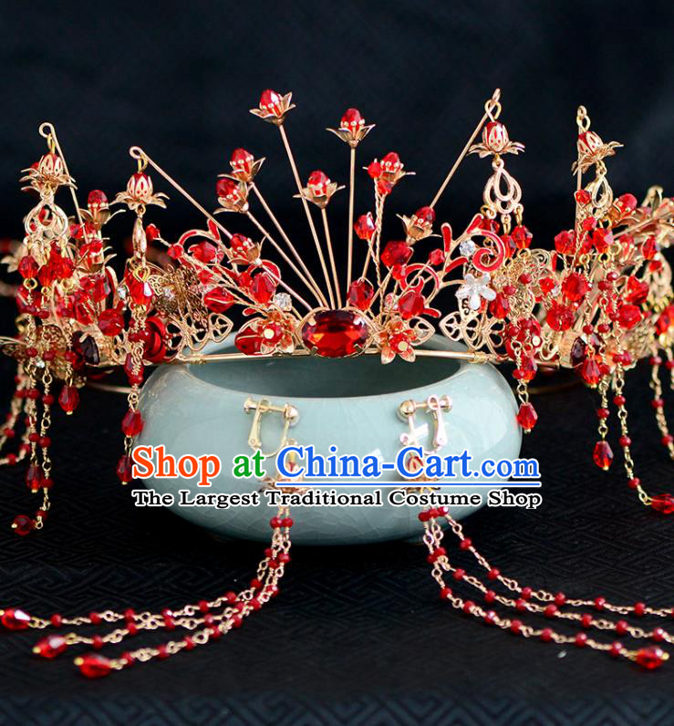 Chinese Ancient Tang Dynasty Palace Princess Red Phoenix Coronet Hairpins Traditional Hanfu Court Hair Accessories for Women