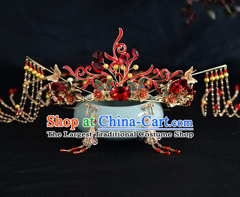 Chinese Ancient Tang Dynasty Palace Princess Red Crystal Phoenix Coronet Hairpins Traditional Hanfu Court Hair Accessories for Women