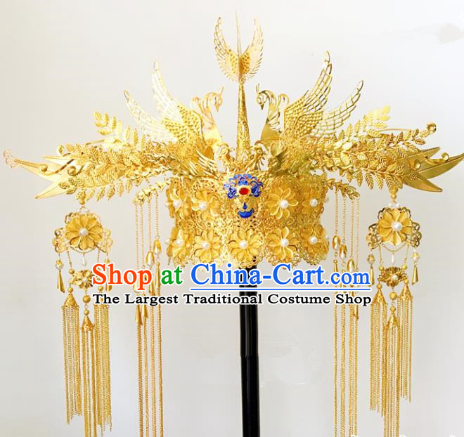 Chinese Ancient Ming Dynasty Golden Phoenix Coronet Hairpins Traditional Hanfu Court Princess Hair Accessories for Women