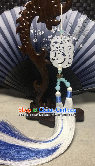Traditional Chinese Hanfu Jade Carving Dragon Waist Accessories Ancient Swordsman White Tassel Pendant