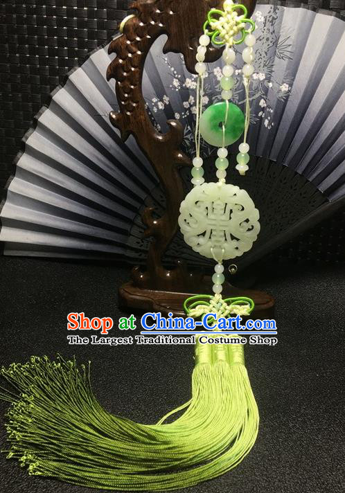 Traditional Chinese Hanfu Jade Carving Longevity Waist Accessories Green Tassel Pendant Ancient Swordsman Brooch