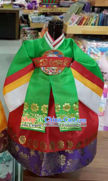 Traditional Korean Hanbok Clothing Green Brocade Blouse and Red Dress Asian Korea Ancient Fashion Apparel Costume for Kids