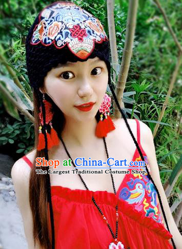 Chinese Traditional Ethnic Embroidered Hat National Handmade Black Wool Knitting Hat for Women