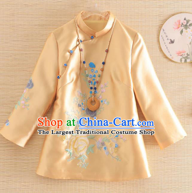 Chinese Traditional Tang Suit Embroidered Yellow Blouse National Costume Qipao Outer Garment for Women
