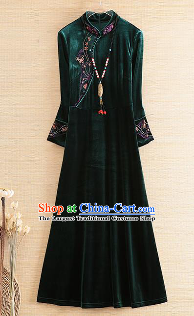 Chinese Traditional Atrovirens Velvet Cheongsam National Costume Qipao Dress for Women