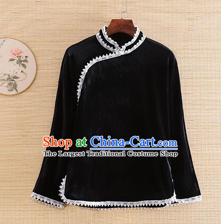 Chinese Traditional Black Velvet Blouse National Costume Qipao Upper Outer Garment for Women