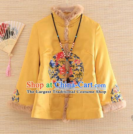 Chinese Traditional Embroidered Peony Yellow Jacket National Costume Qipao Upper Outer Garment for Women