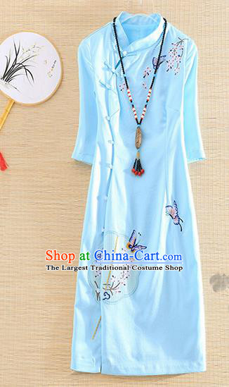 Chinese Traditional Printing Butterfly Blue Cheongsam National Costume Qipao Dress for Women