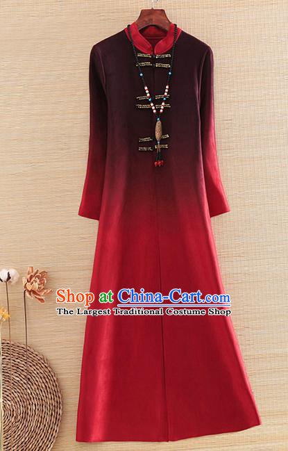 Chinese Traditional Printing Wine Red Dust Coat National Costume Qipao Upper Outer Garment for Women