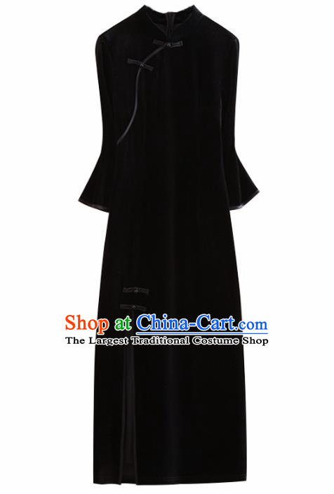 Chinese Traditional Black Velvet Cheongsam National Costume Qipao Dress for Women