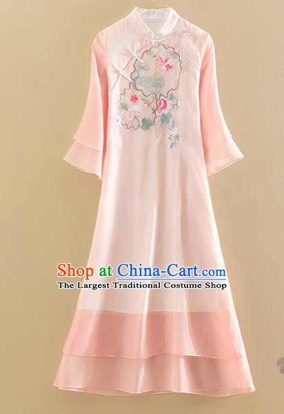 Chinese Traditional Tang Suit Embroidered Chrysanthemum Plum Pink Cheongsam National Costume Qipao Dress for Women