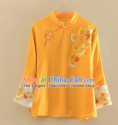 Chinese Traditional Tang Suit Embroidered Ginkgo Leaf Yellow Shirt National Costume Qipao Upper Outer Garment for Women