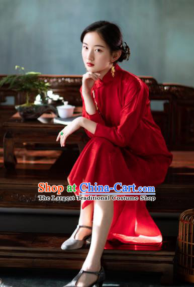 Traditional Chinese National Red Brocade Qipao Dress Tang Suit Cheongsam Costume for Women